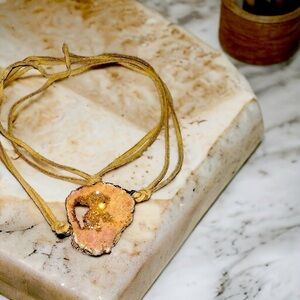 Brown Leather Bohemian Natural Stone Charm Necklace 17”